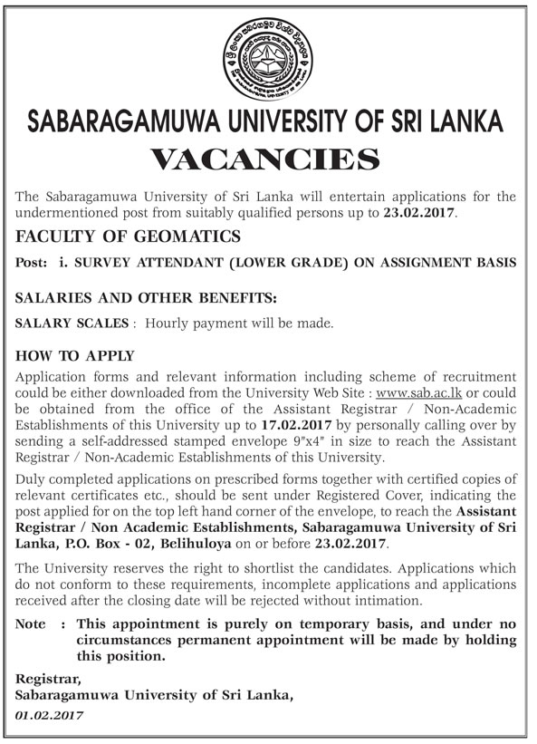 Survey Attendant - Sabaragamuwa University